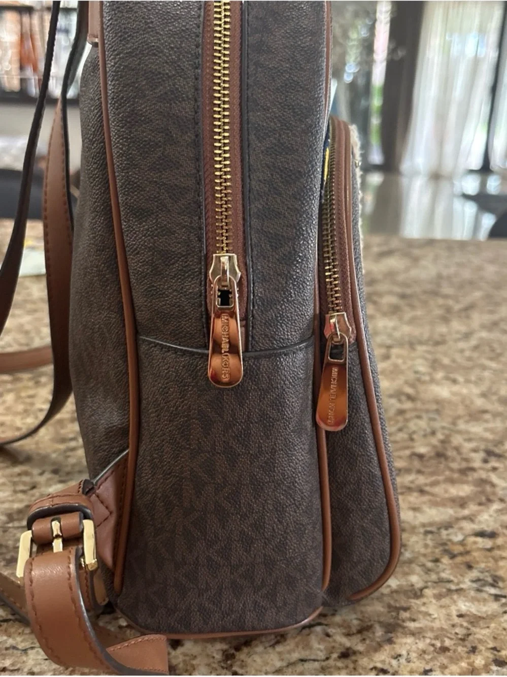 Michael Kors Brown Logo-Print Backpack with Cream Shearling Trim